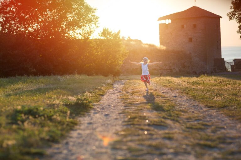 girl, childhood, fun, happiness, park, nature, kid, preschooler, joy, laughter, playful, person, active, runs, sunset